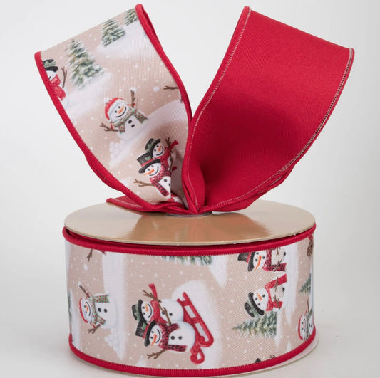 USA D’Lux designer wired ribbon frolicking snowmen traditional colours red/green, full roll 10 yards