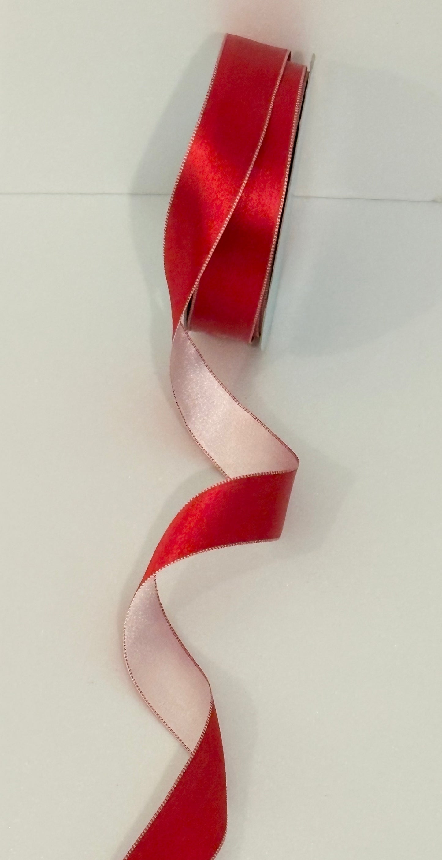 1.5” wired ribbon, satin double sided, red/pink sold by the meter