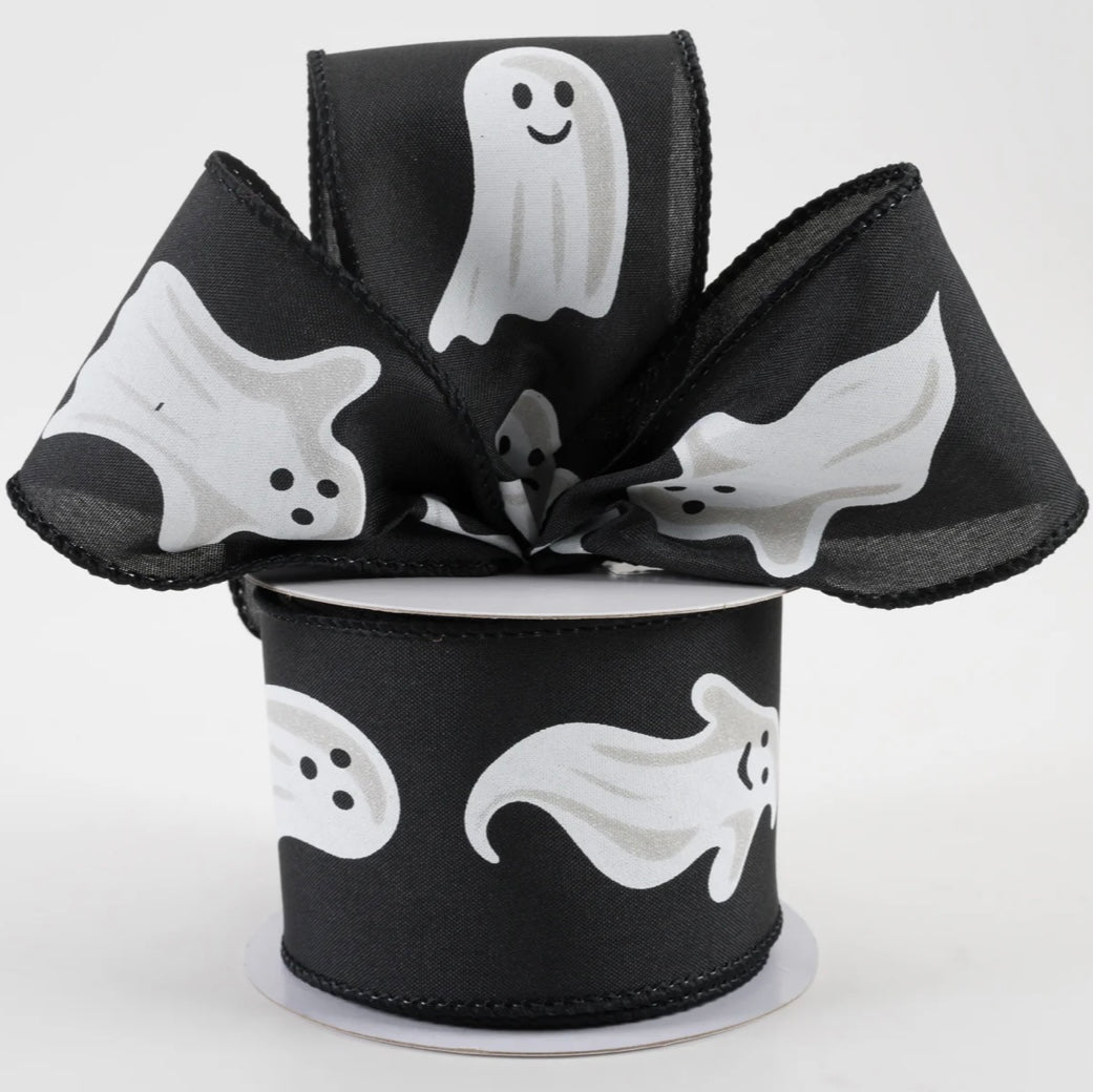 2.5” wired ribbon, black white ghost, full roll 10 yards