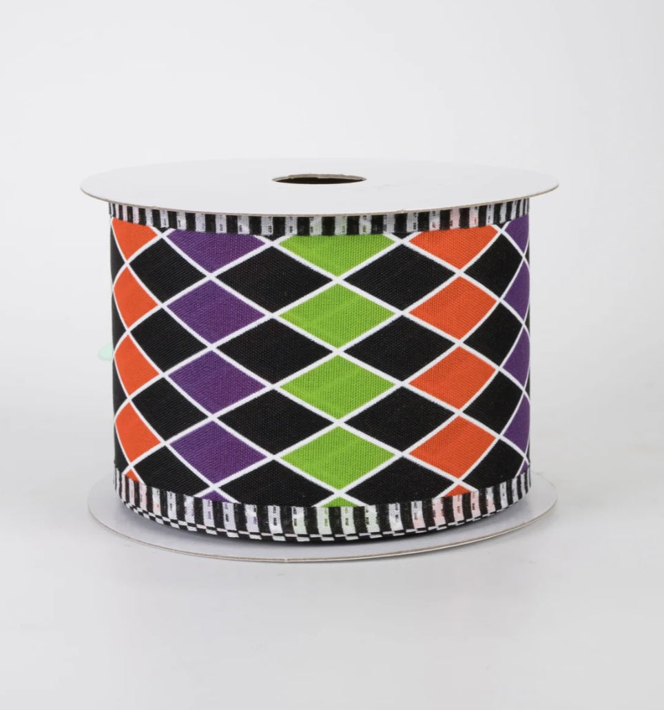 USA 2.5” wired ribbon, dashed edge harlequin, full roll 10 yards