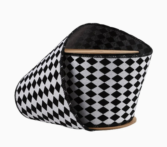 USA 4” designer double sided wired ribbon, black and white harlequin with black backing, full roll 10 yards