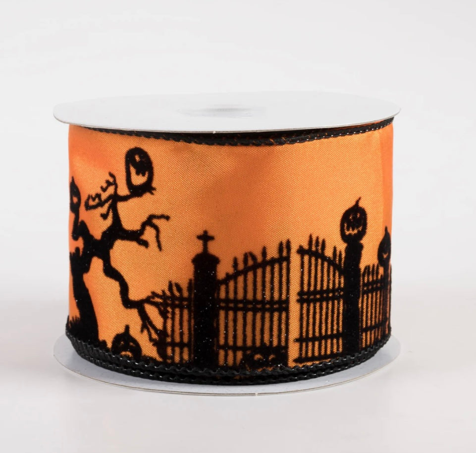 USA 2.5” satin flocked Halloween scene orange, wired ribbon full roll 10 yards