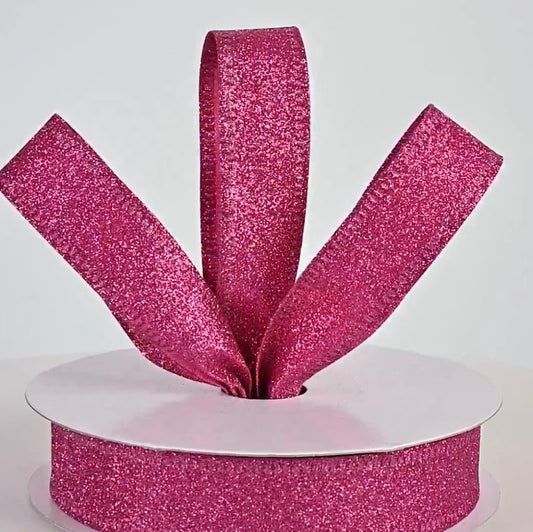 USA 7/8” glitter wired ribbon in fuchsia, full roll 10 yards