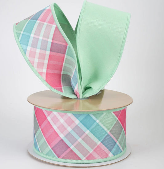 USA 2.5” D’Lux designer wired ribbon, teal/mint/pink diagonal plaid, full roll 10 yards
