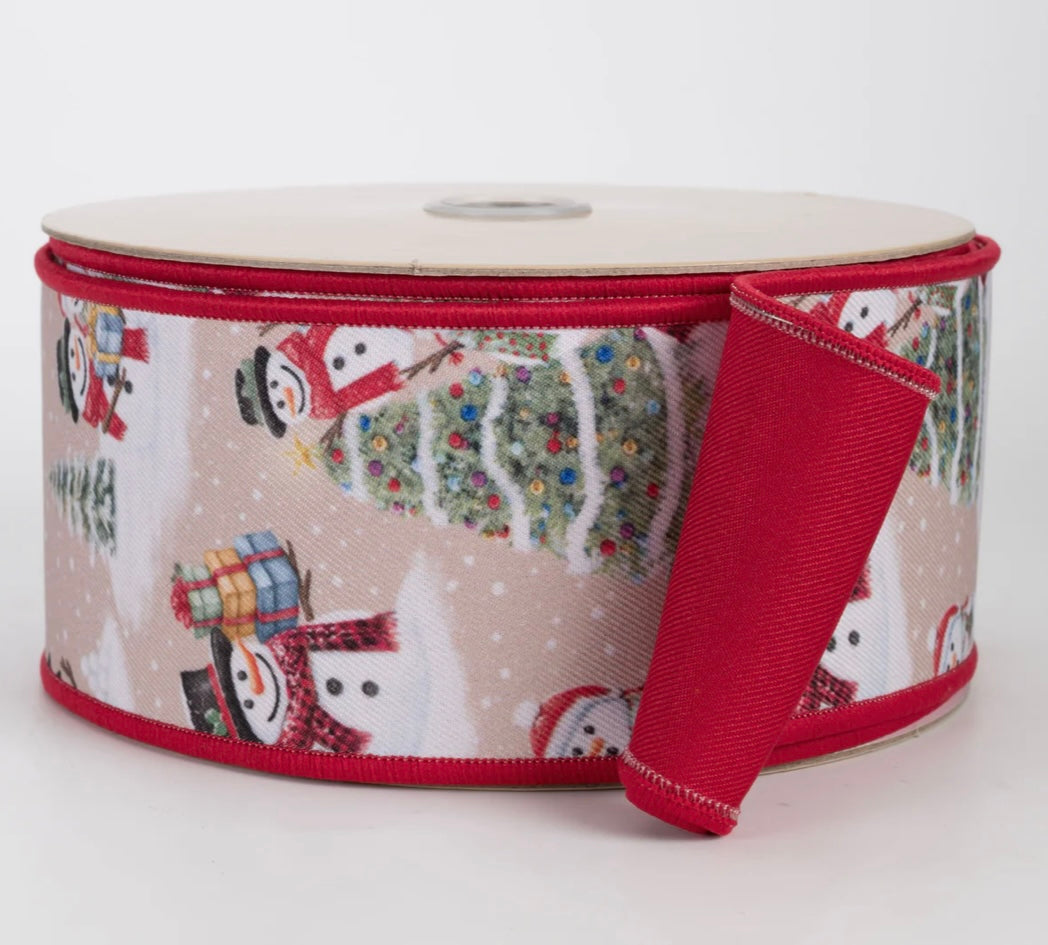 USA D’Lux designer wired ribbon frolicking snowmen traditional colours red/green, full roll 10 yards