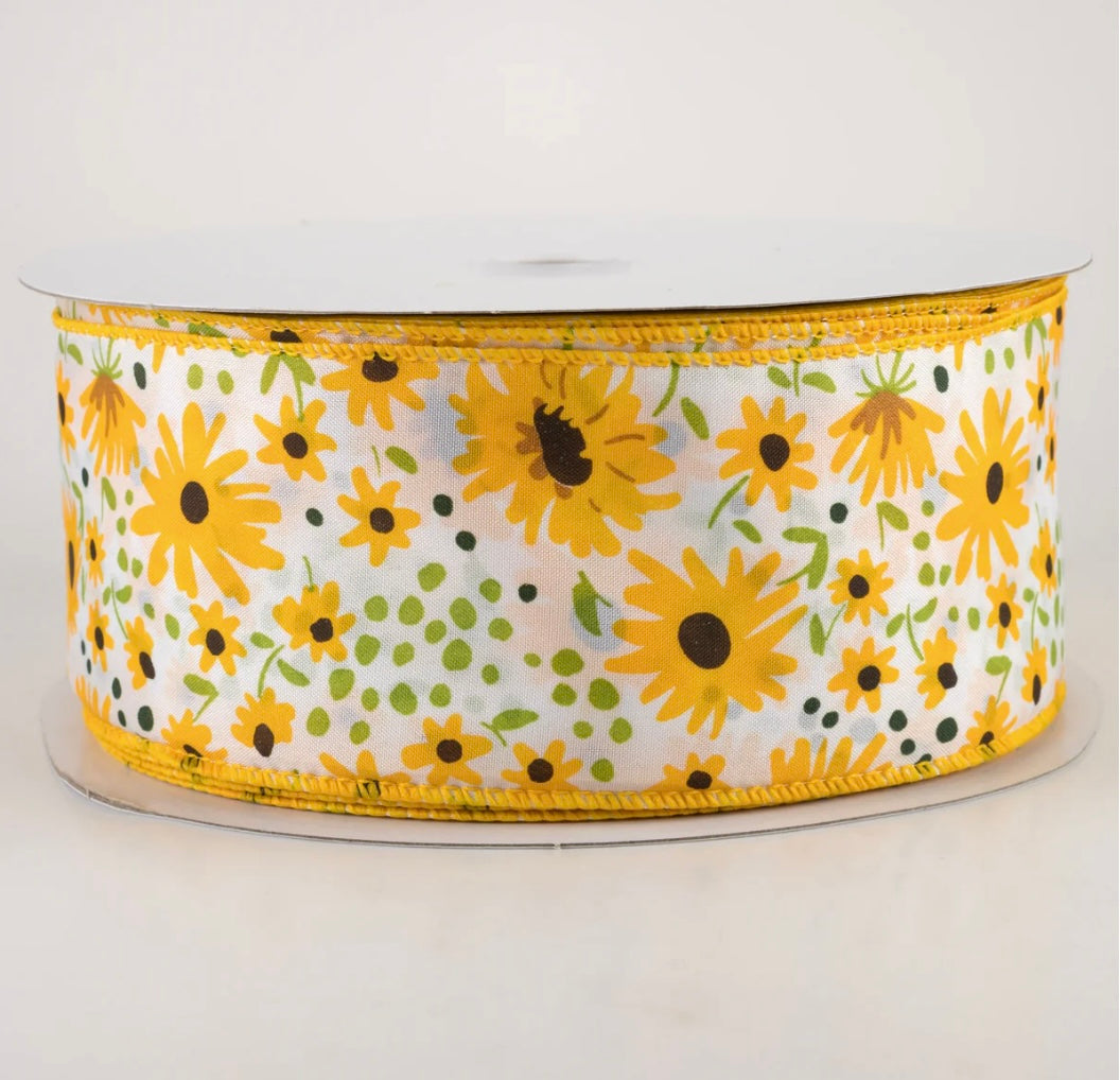 USA 2.5” wired ribbon, satin wildflowers yellow ribbon, sold by the meter