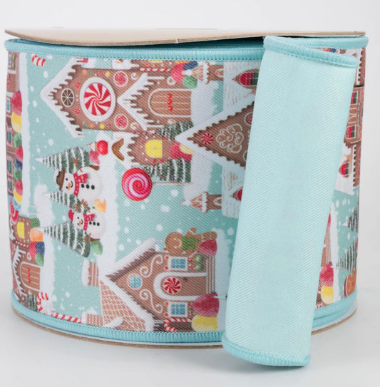 USA 4” D,Lux Christmas designer wired ribbon, blue gingerbread full roll 10 yards