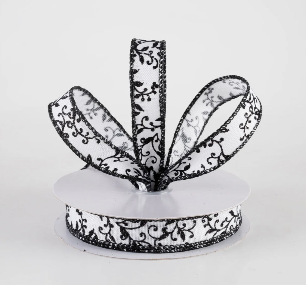 USA 5/8” glitter mini leaf vines, wired ribbon black and white