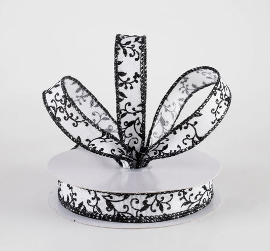 USA 5/8” glitter mini leaf vines, wired ribbon black and white