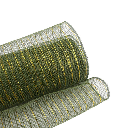 Mesh metallic sage green with gold, 25cm x 10 yards
