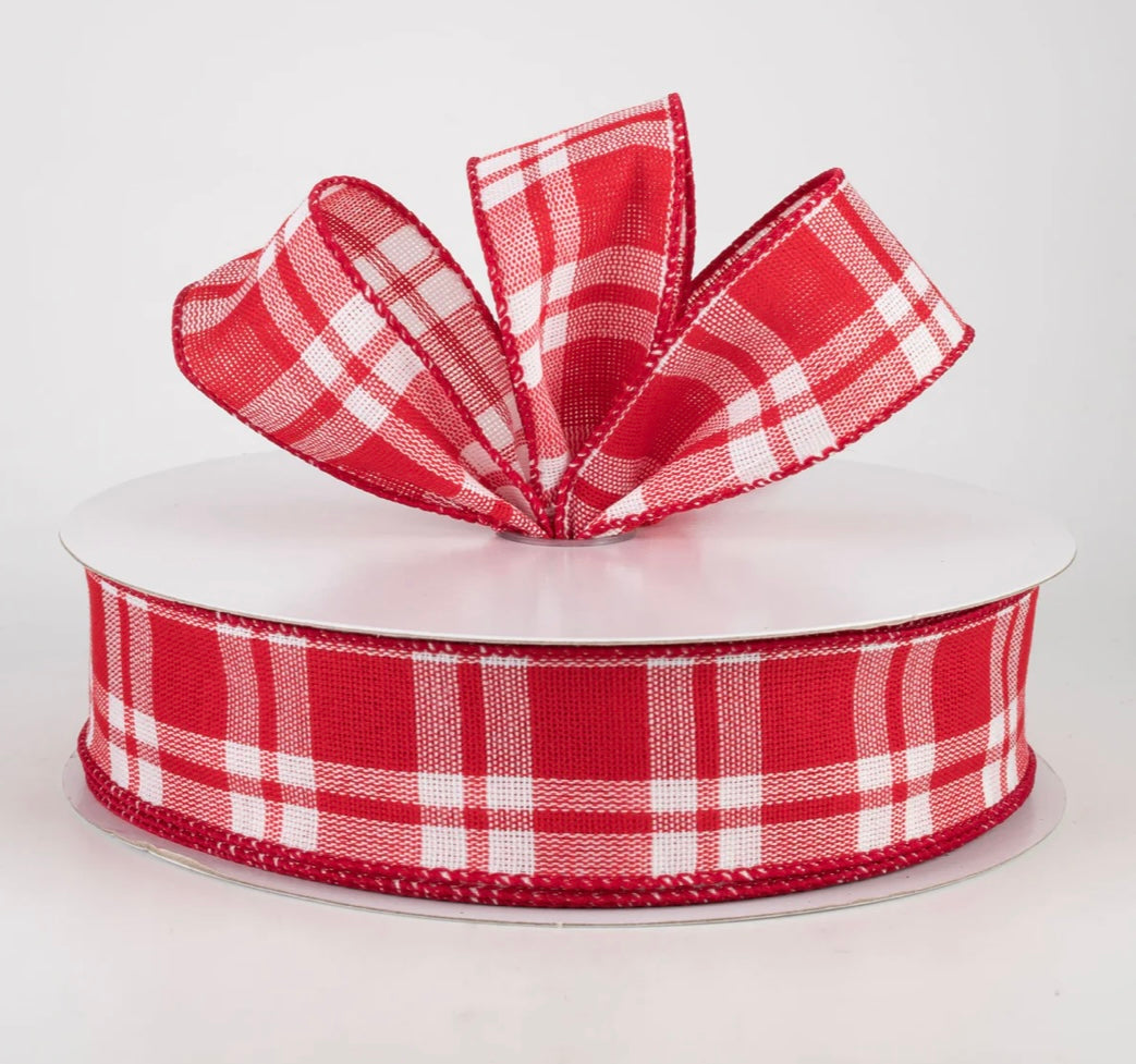 USA 1.5” wired ribbon, woven plaid ribbon, red check, sold by the meter