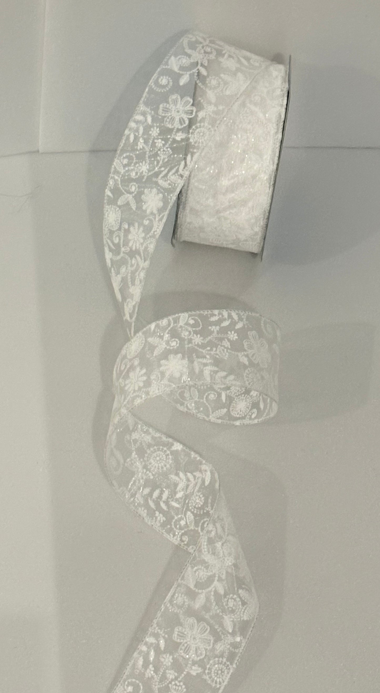 2.5” wired ribbon, white glitter chiffon flowers, sold by the meter