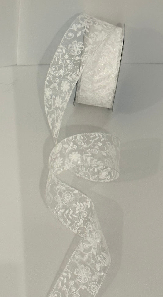2.5” wired ribbon, white glitter chiffon flowers, sold by the meter