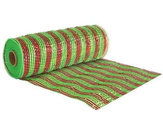 10" x 10 yards,  Deco mesh metallic green & red striped full foil, Spring, summer, Christmas.
