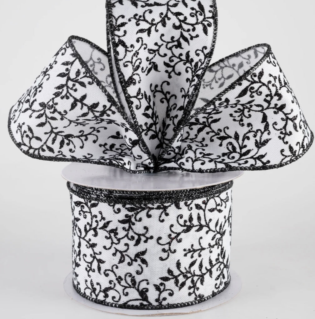 USA 2.5” glitter mini leaf vines ribbon, black and white full roll 10 yards