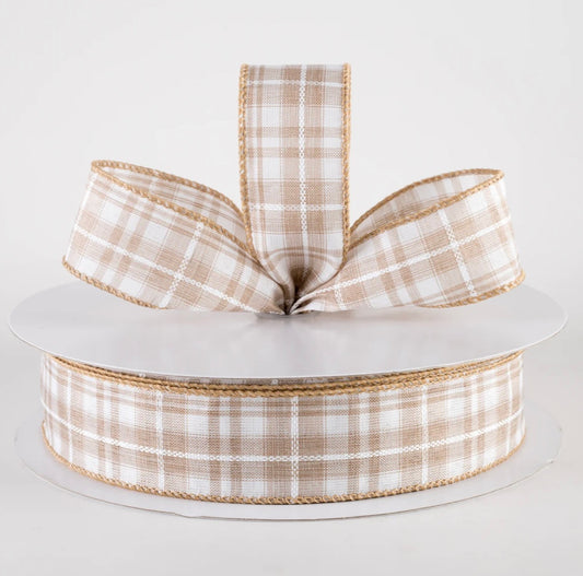 USA wired ribbon, Kennedy plaid, natural and white, sold by the meter