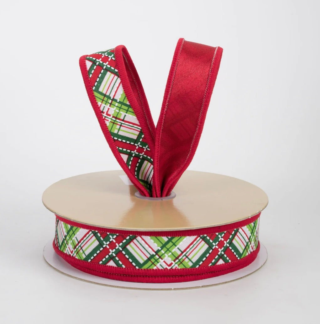 7/8” double sided fused diagonal plaid wired ribbon, full roll 10 yards