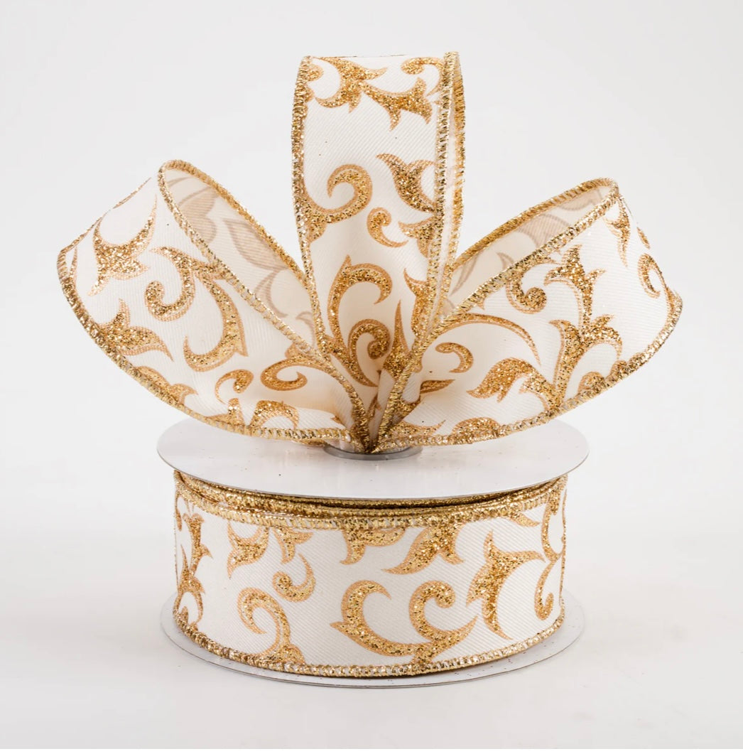 1.5” wired ribbon, acanthus leaf ivory/ gold, full roll 10 yards