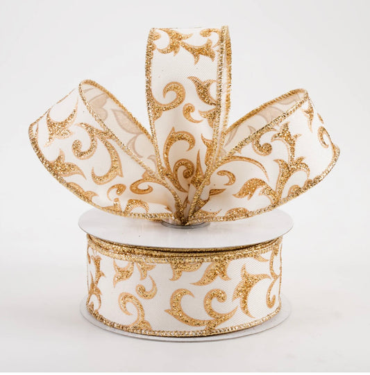 USA 1.5” wired ribbon, acanthus leaf ivory/ gold, full roll 10 yards