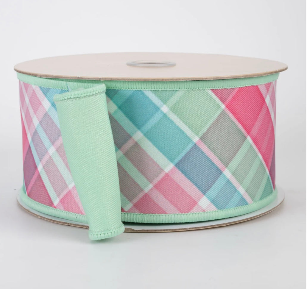 USA 2.5” D’Lux designer wired ribbon, teal/mint/pink diagonal plaid, full roll 10 yards
