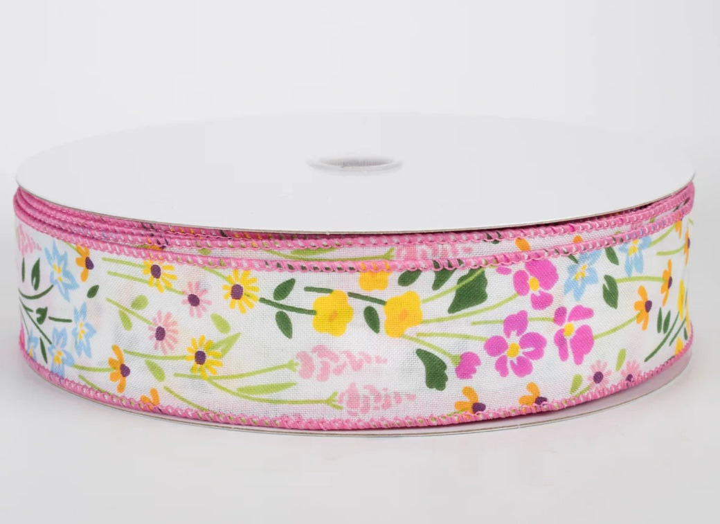 USA 1.5” wired ribbon, wildflower field, sold by the meter