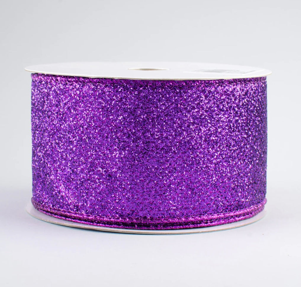 2.5” wired ribbon, purple glitter, full roll 10 yards