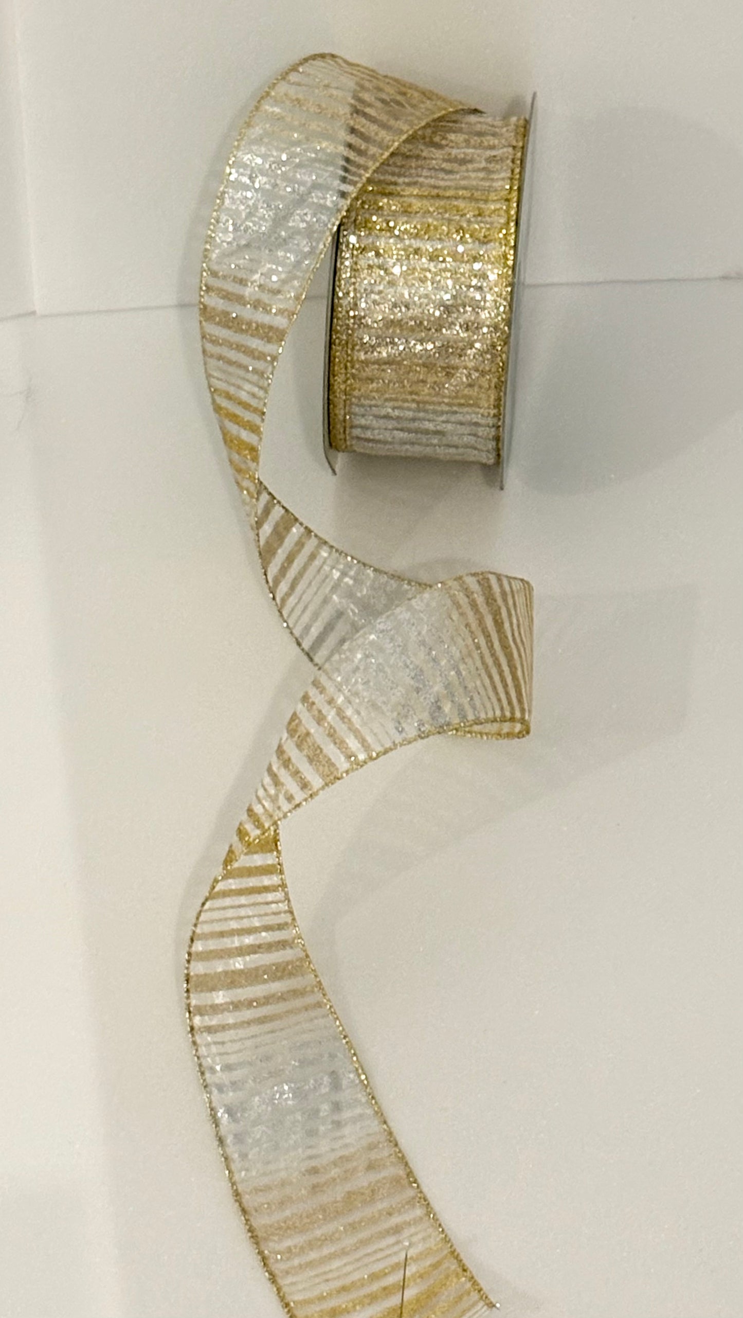 2.5” wired ribbon, silver and gold stripes chiffon, sold by the meter