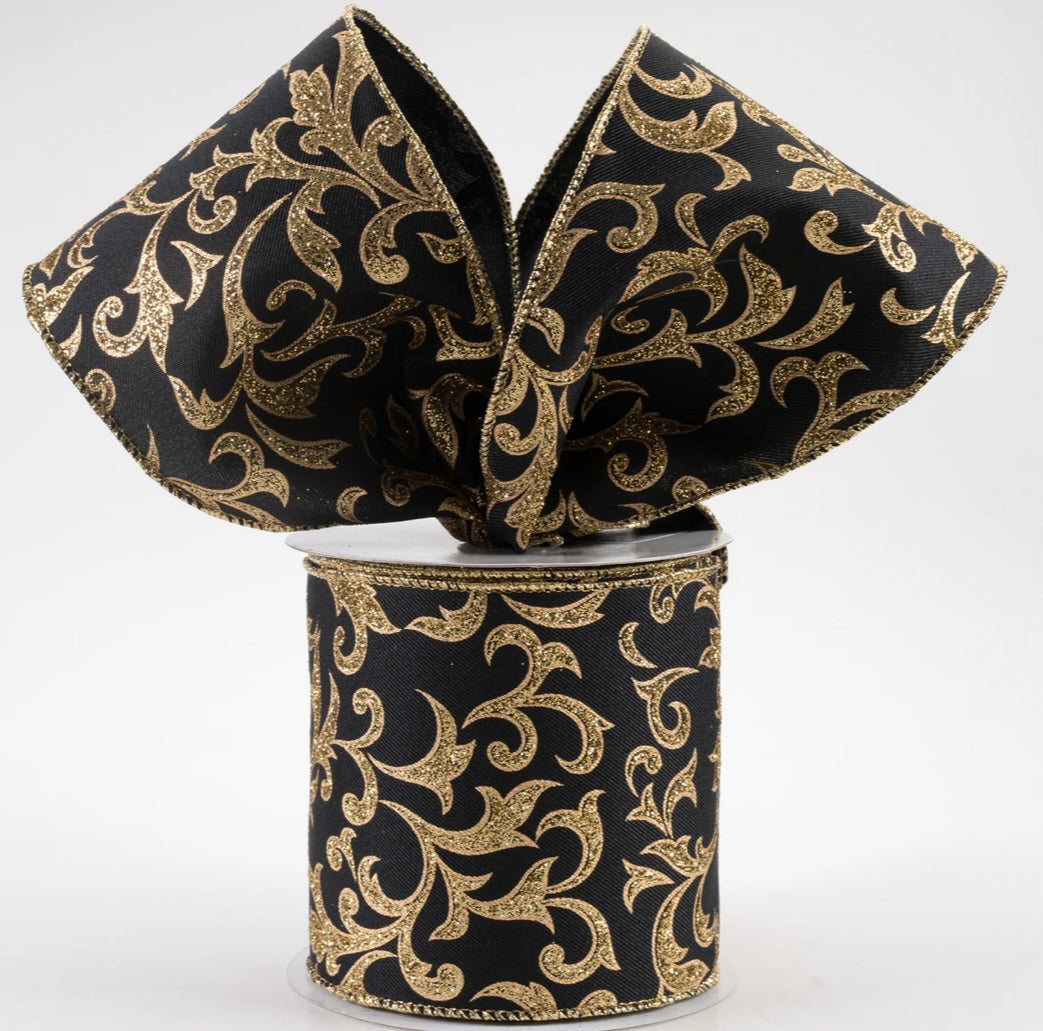 4” wired ribbon, acanthus leaf black and gold, full roll 10 yards