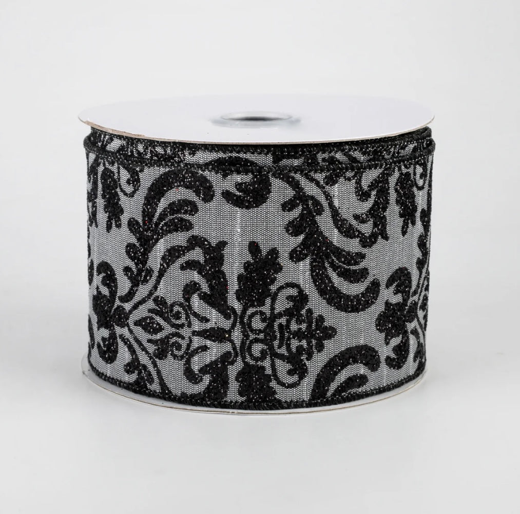 2.5” wired ribbon, bold damask dupioni, gray black full roll 10 yards