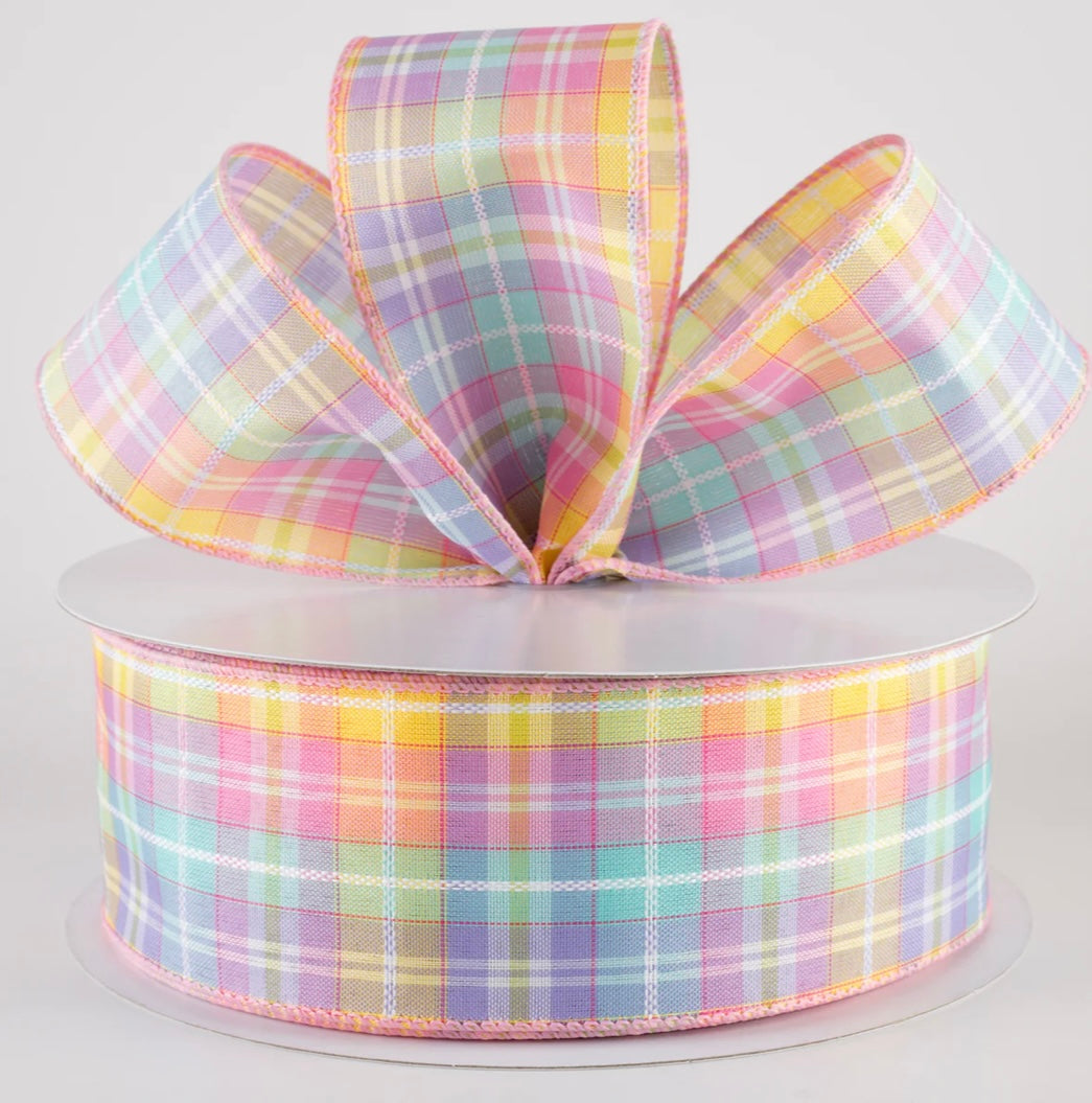 USA 2.5” wired ribbon Kennedy pastel plaid, sold by the meter