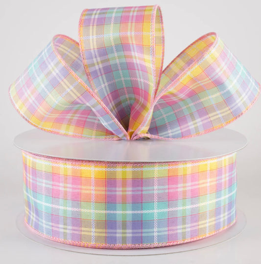 USA 2.5” wired ribbon Kennedy pastel plaid, sold by the meter