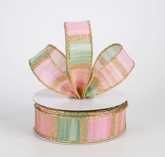 USA 7/8” glitter watercolour stripes, peach/sage/pink and gold, full roll 10 yards