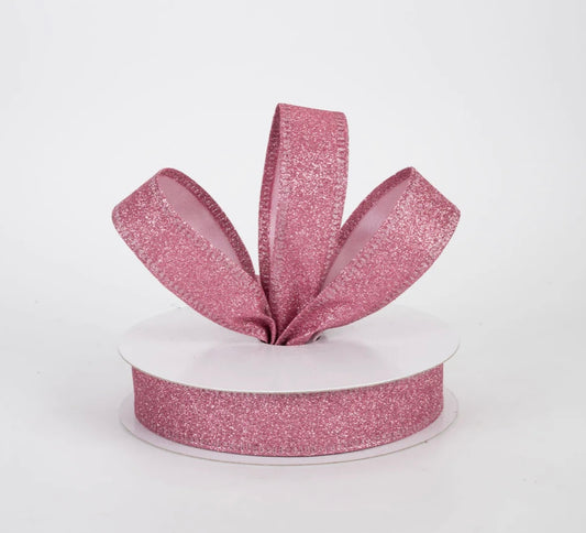 USA 7/8” flat glitter wired ribbon in pink, full roll 10 yards