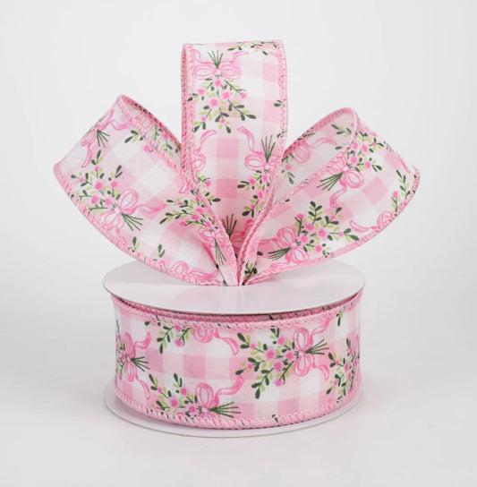 USA1.5” wired ribbon, white and pink check with flowers, full roll 10 yards