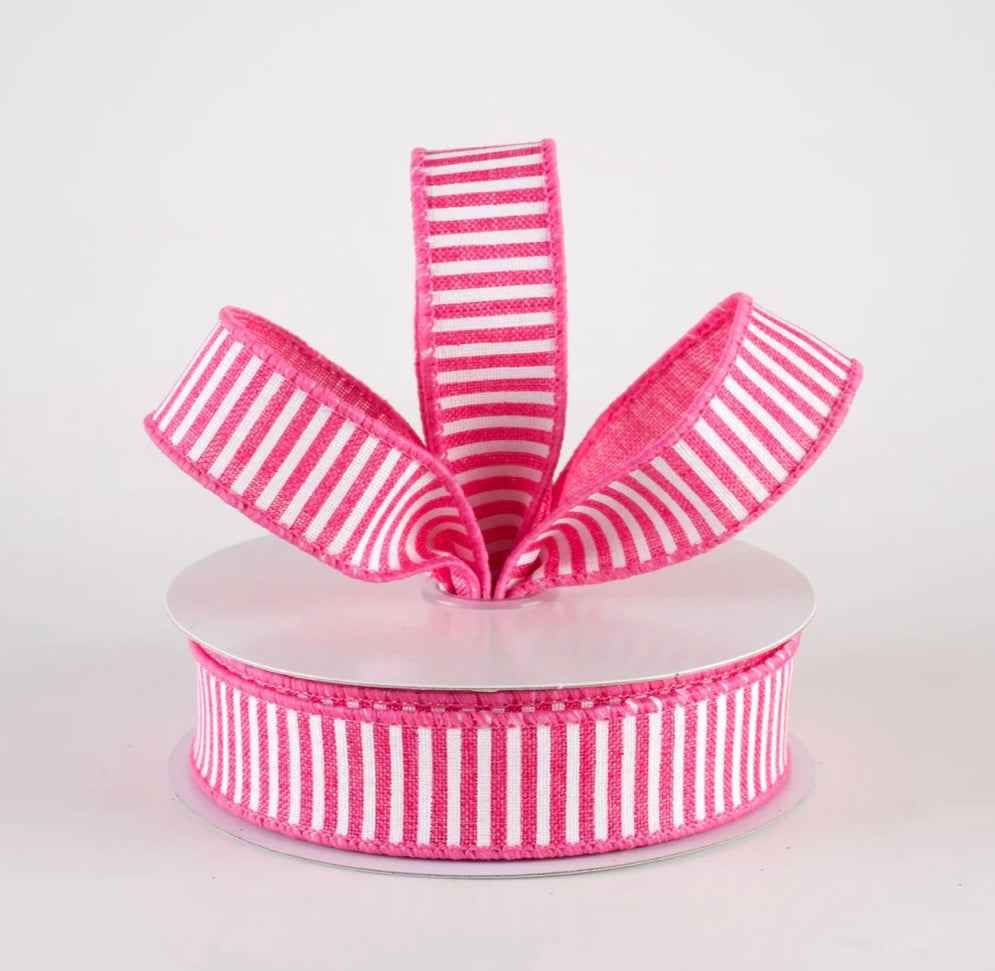 USA 7/8” horizontal thin strips, hot pink and white, wired ribbon, full roll 10yards
