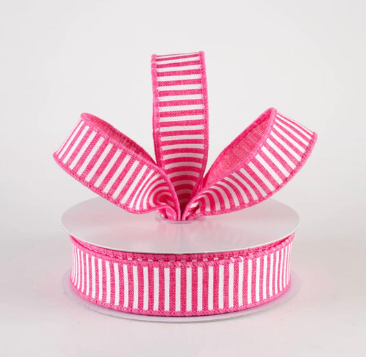 USA 7/8” horizontal thin strips, hot pink and white, wired ribbon, full roll 10yards