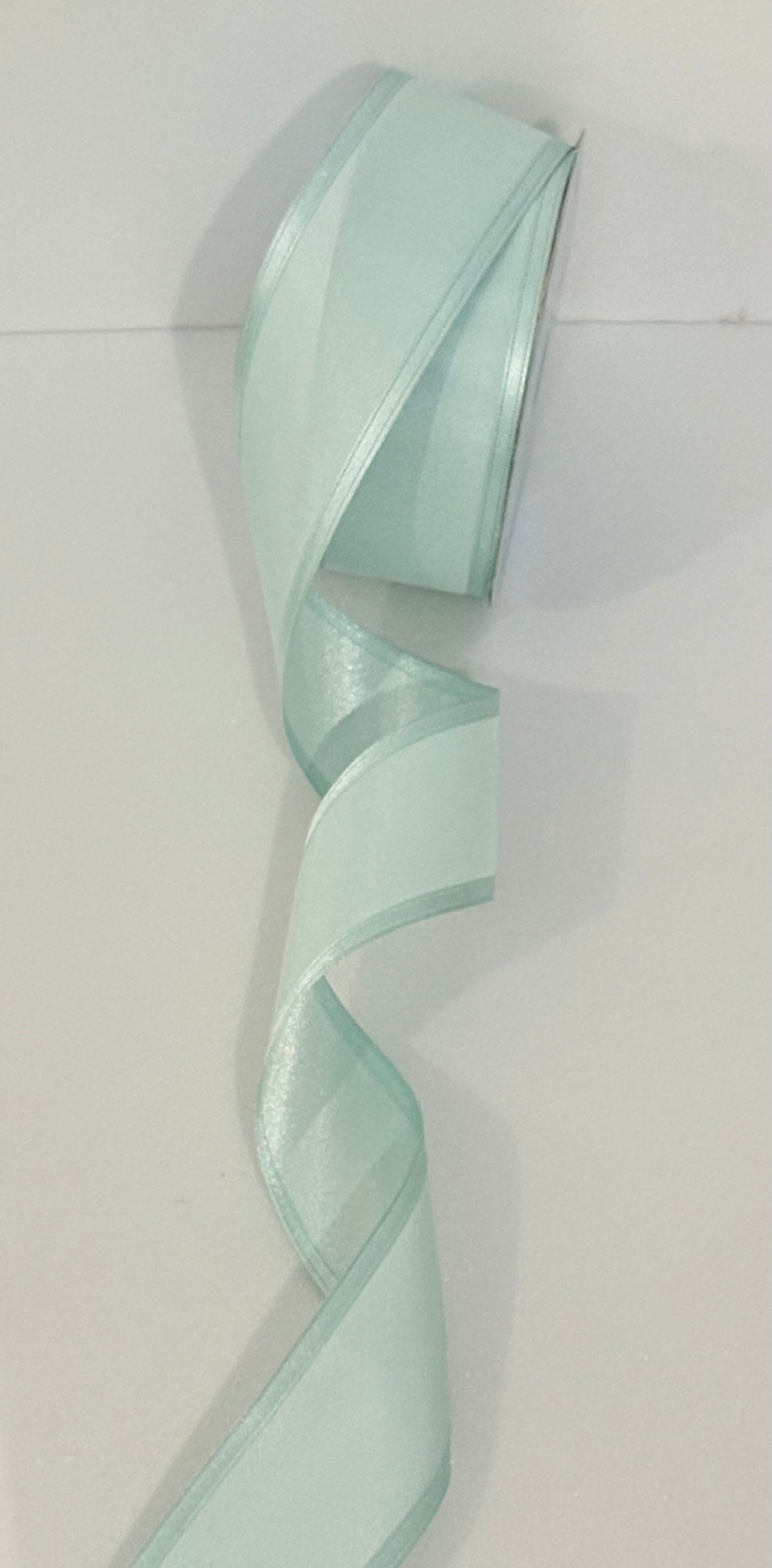 2.5” wired ribbon, satin chiffon in mint colour, sold by the meter