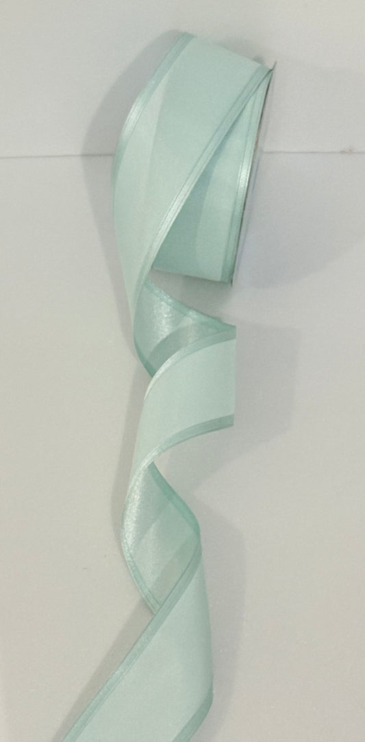 2.5” wired ribbon, satin chiffon in mint colour, sold by the meter