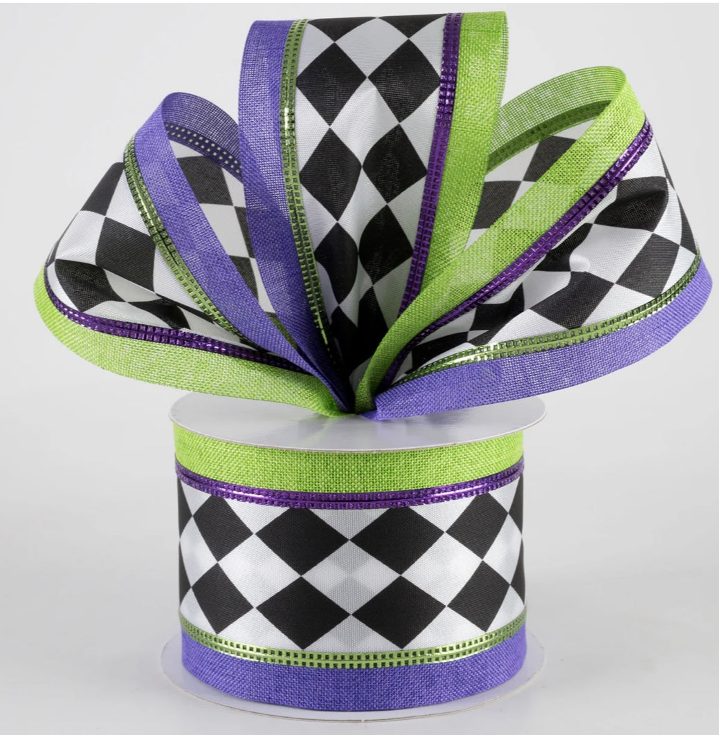 USA 2.5” harlequin purple and green wired ribbon full roll 10 yards
