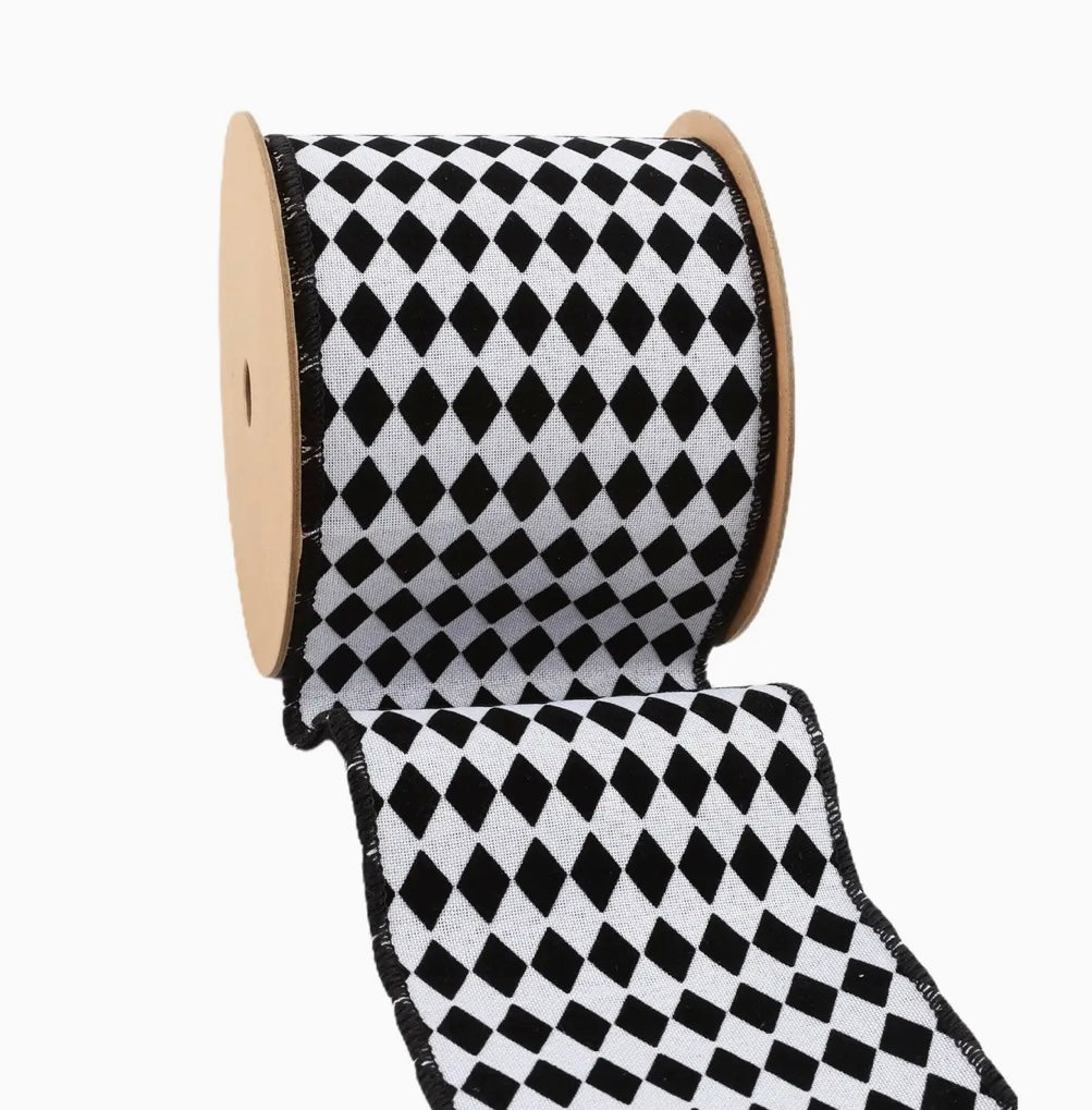 USA 4” designer double sided wired ribbon, black and white harlequin with black backing, full roll 10 yards