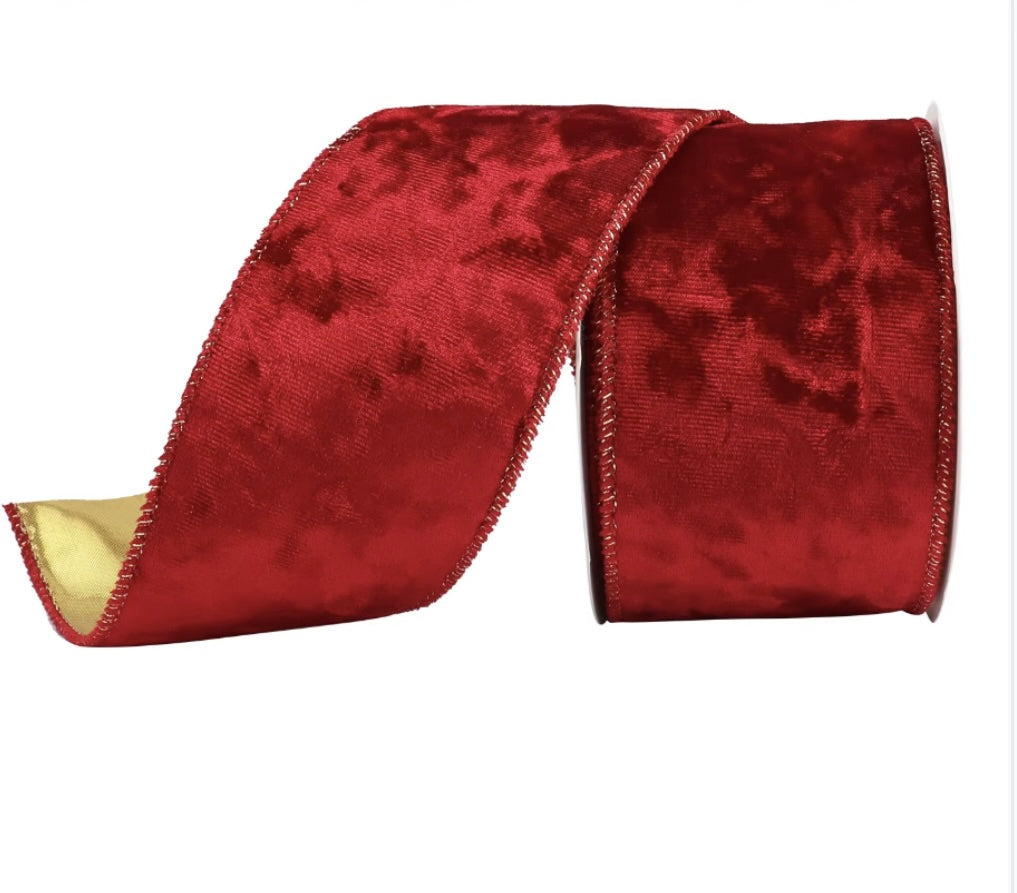 2.5” economy velvet and satin wired ribbon, red velvet and gold satin full roll 10 yards
