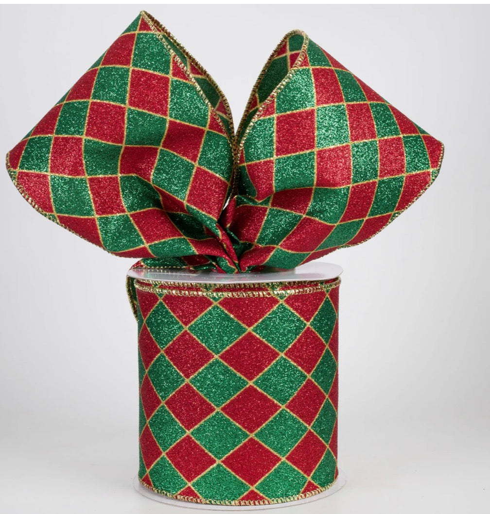 USA 4” harlequin glitter red and green, wired ribbon full roll 10 yards