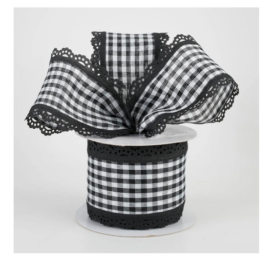 USA 2.5” gingham scalloped edge wired ribbon full roll black and white