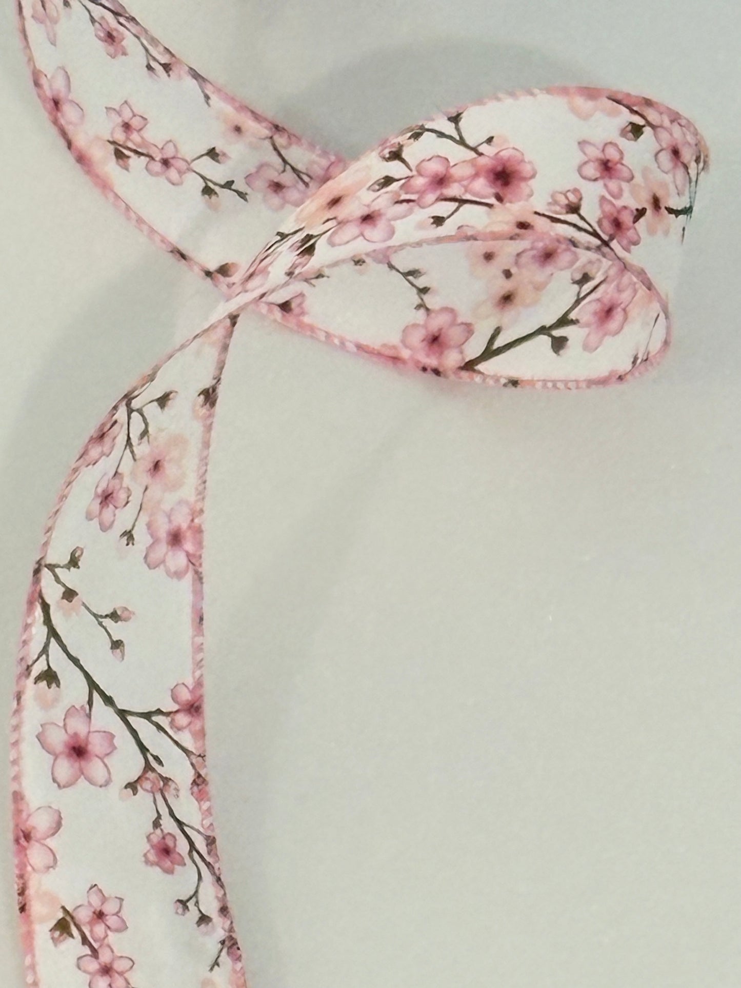 1.5” wired ribbon, pink cherry blossom design, sold by the meter