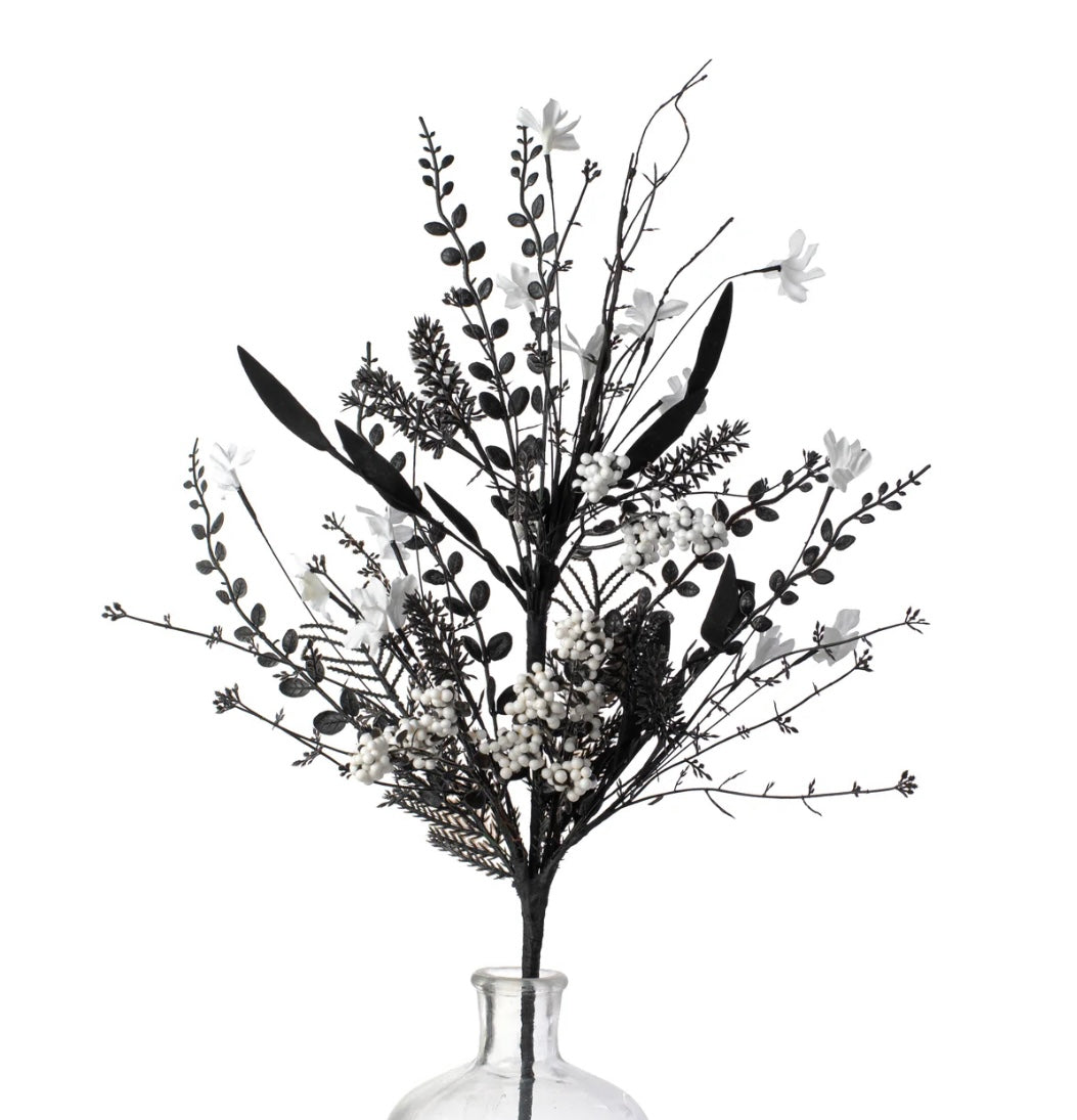 24” fabric flower, leaf, berry bush in black and white