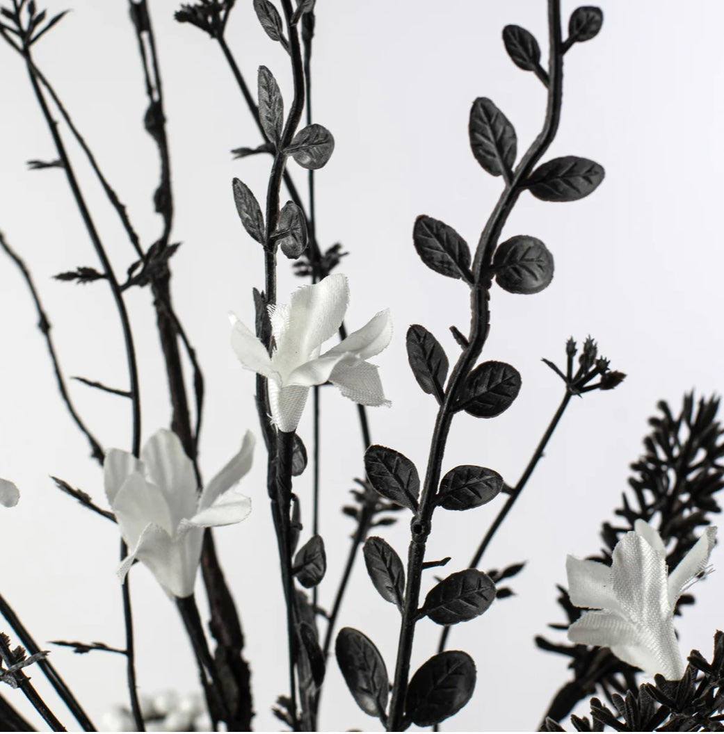 24” fabric flower, leaf, berry bush in black and white