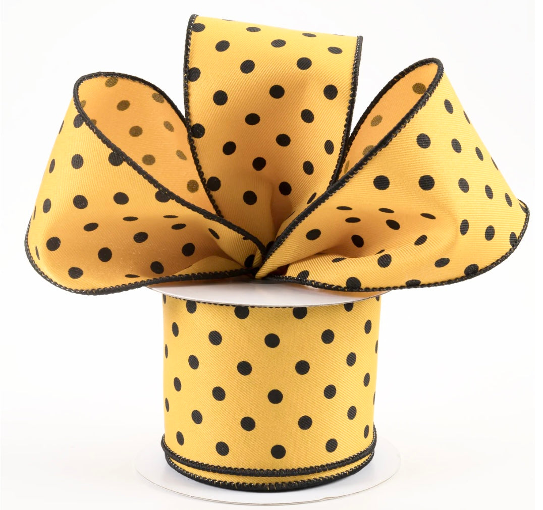 2.5” USA yellow with black dots wired ribbon, full 10yard roll