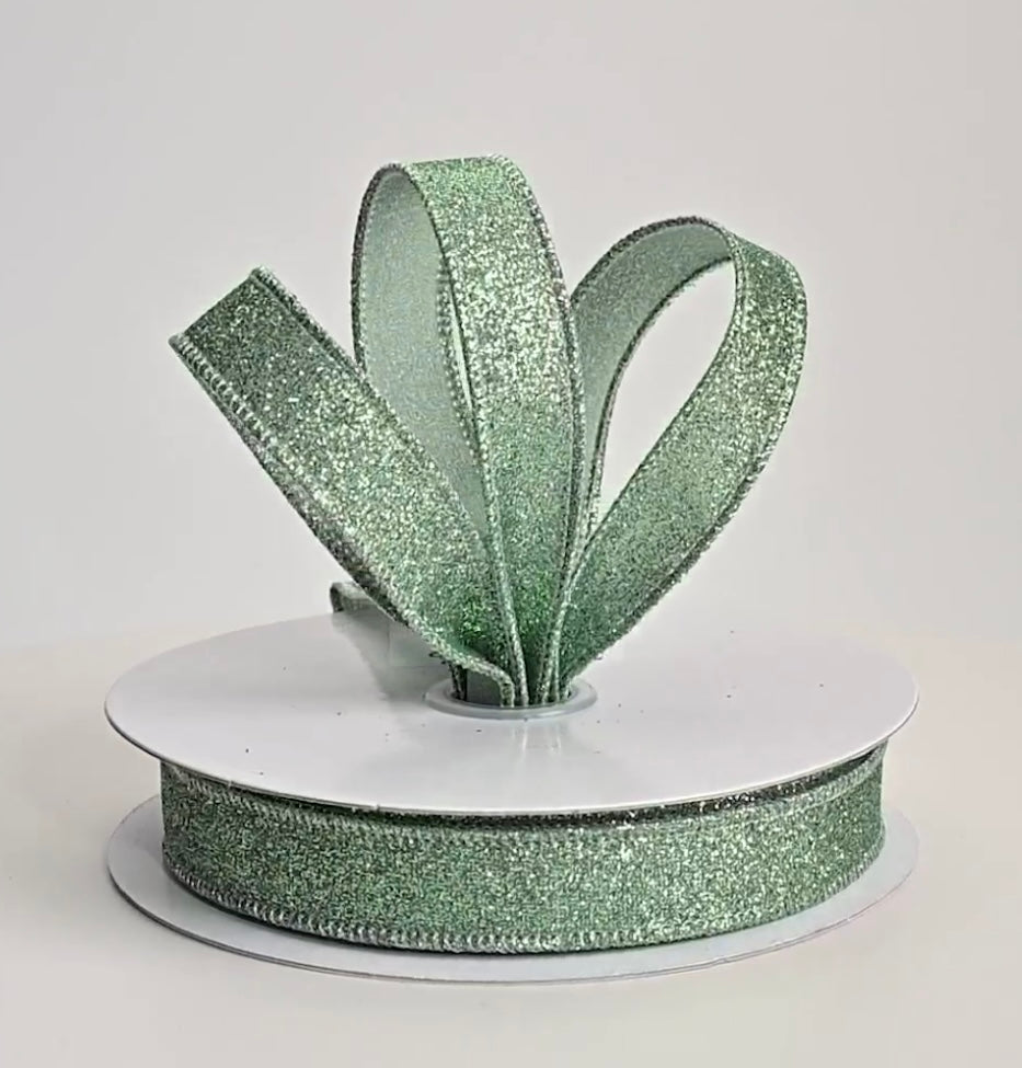 USA 5/8” shimmer glitter wired ribbon sage full roll 10 yards