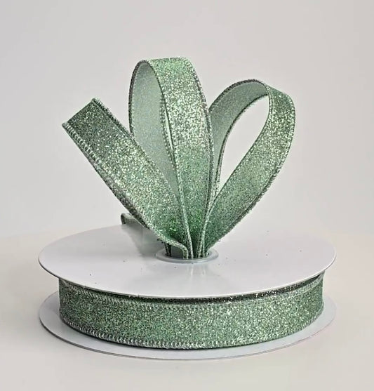 USA 5/8” shimmer glitter wired ribbon sage full roll 10 yards