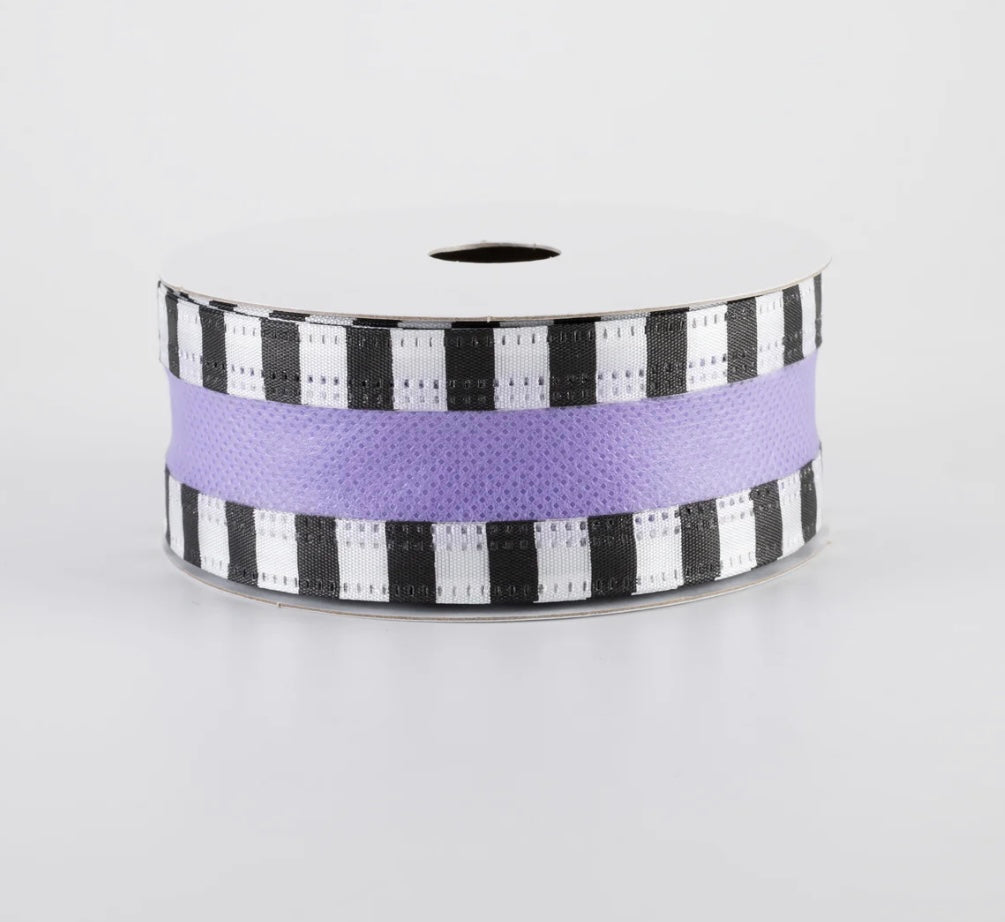 USA 1.5” striped edge breeze ribbon, lilac black and white full roll 10 yards